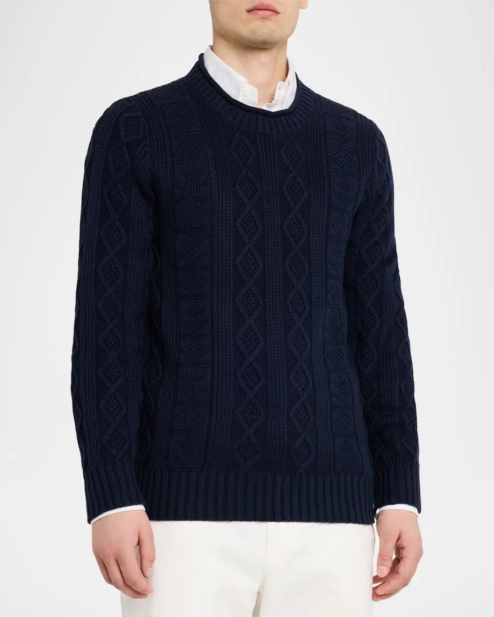 Brunello Cucinelli Men's Cotton Cable Knit Crewneck Sweater | Thumbnail 3 Brunello Cucinelli Men's Cotton Cable Knit Crewneck Sweater | Thumbnail 3