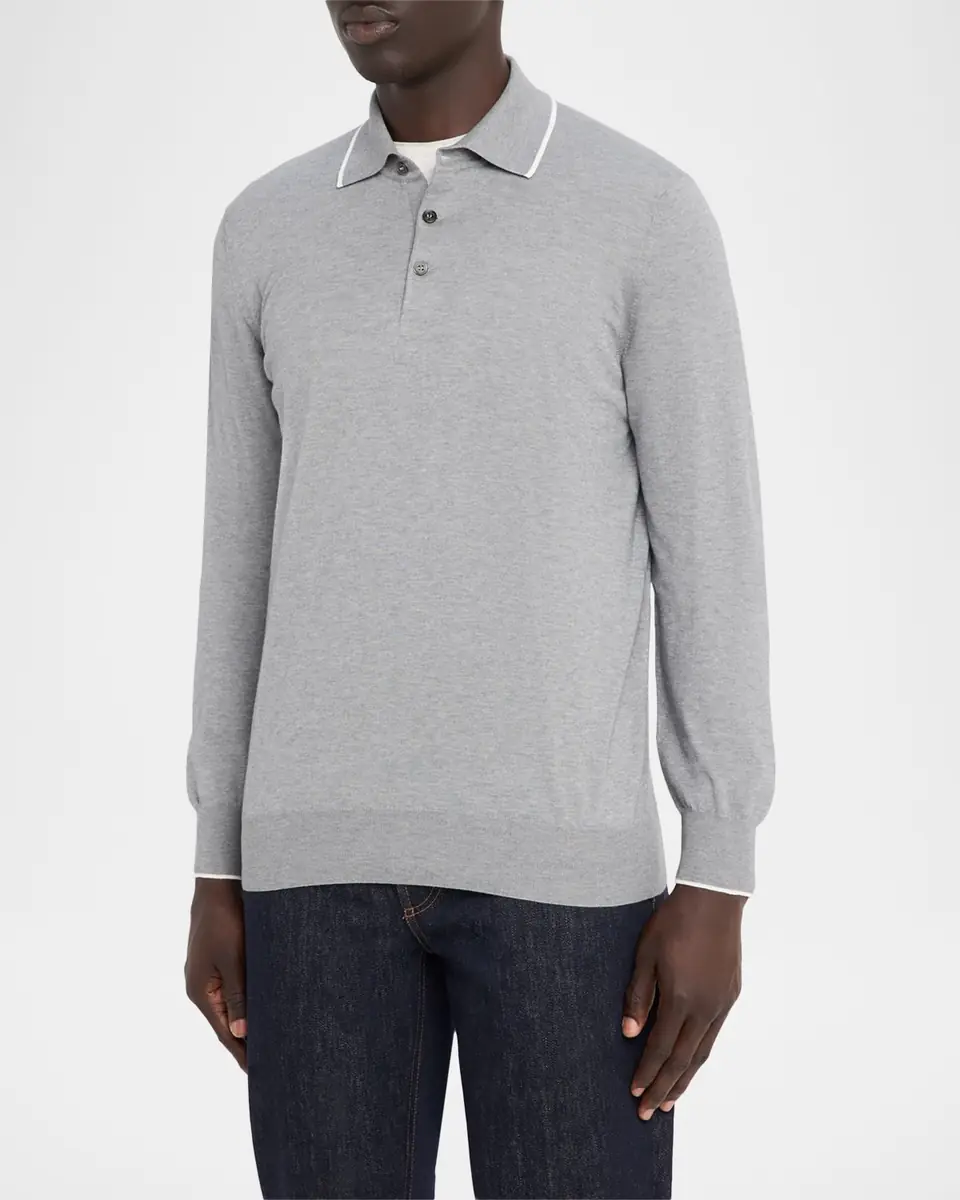 Brunello Cucinelli Men's Cotton and Cashmere Knit Polo Sweater | Thumbnail 3 Brunello Cucinelli Men's Cotton and Cashmere Knit Polo Sweater | Thumbnail 3