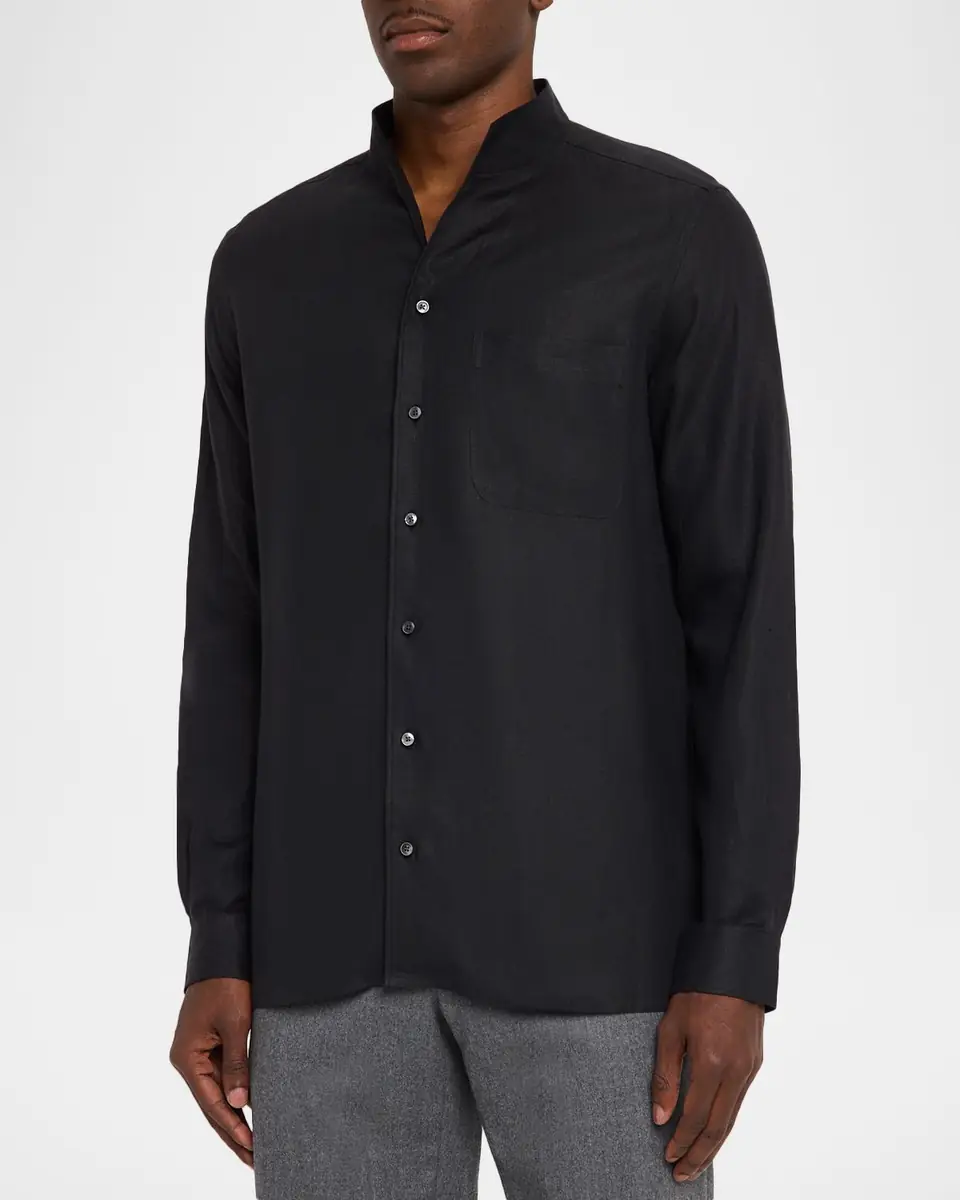 Zegna Men's Oasi Lino Chambray Stand-Collar Shirt | Thumbnail 3 Zegna Men's Oasi Lino Chambray Stand-Collar Shirt | Thumbnail 3