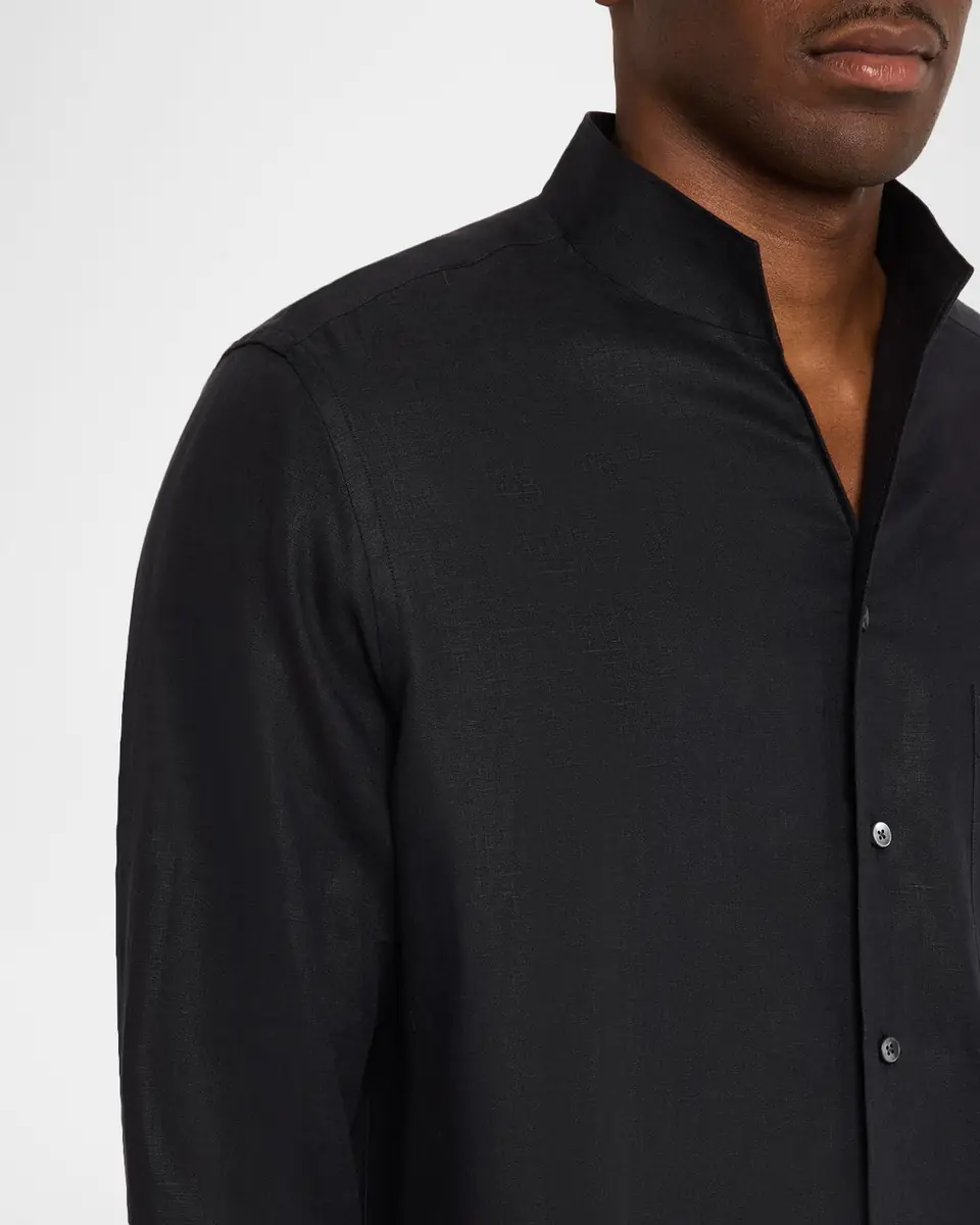 Zegna Men's Oasi Lino Chambray Stand-Collar Shirt | Thumbnail 4 Zegna Men's Oasi Lino Chambray Stand-Collar Shirt | Thumbnail 4