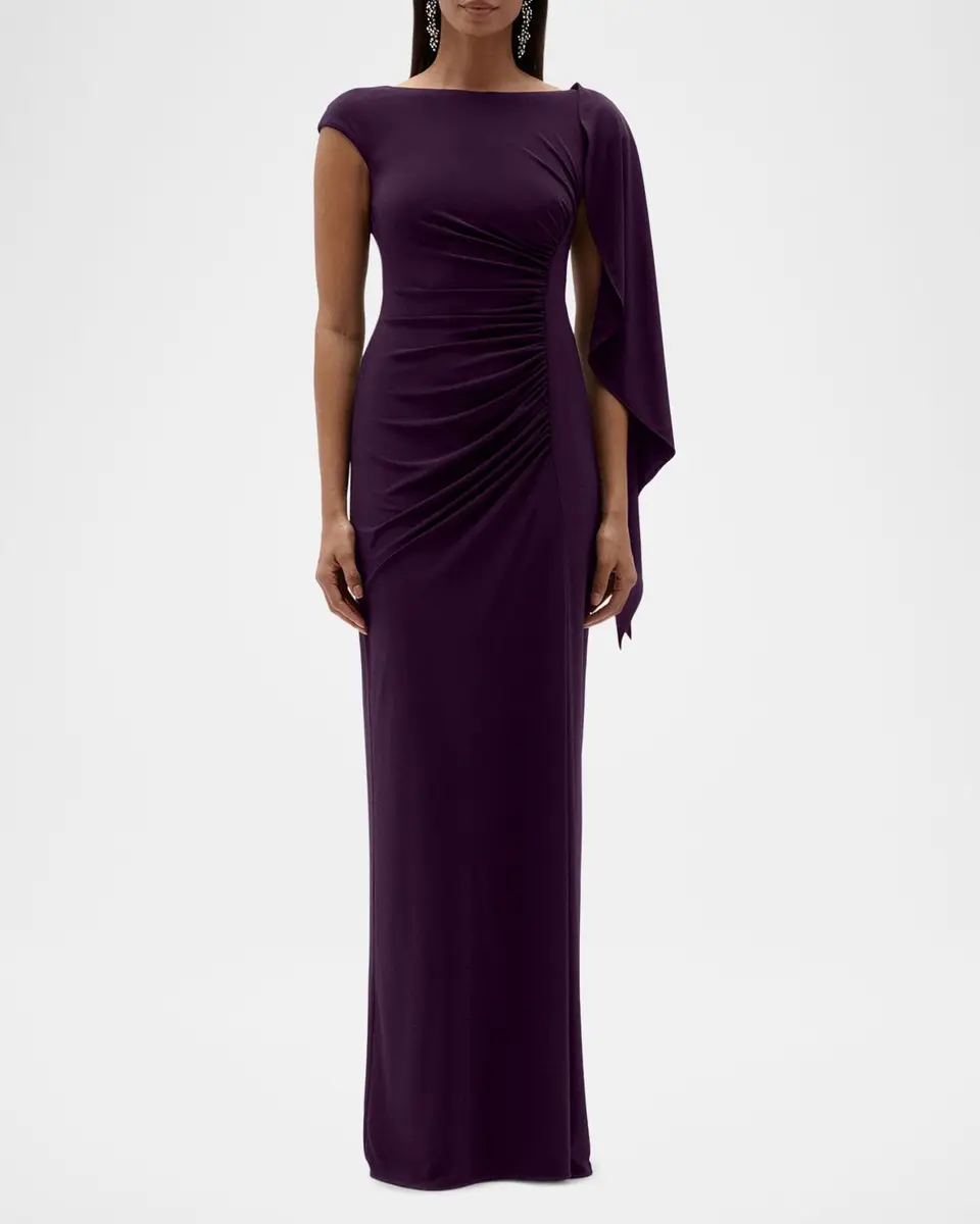 Amsale Asymmetric Cap-Sleeve Ruched Long Gown | Thumbnail 6