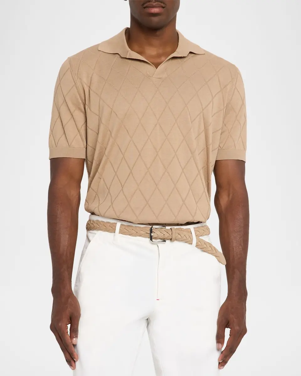 Brunello Cucinelli Men's Cotton Textured Argyle Cotton Knit Polo Shirt | Thumbnail 3 Brunello Cucinelli Men's Cotton Textured Argyle Cotton Knit Polo Shirt | Thumbnail 3