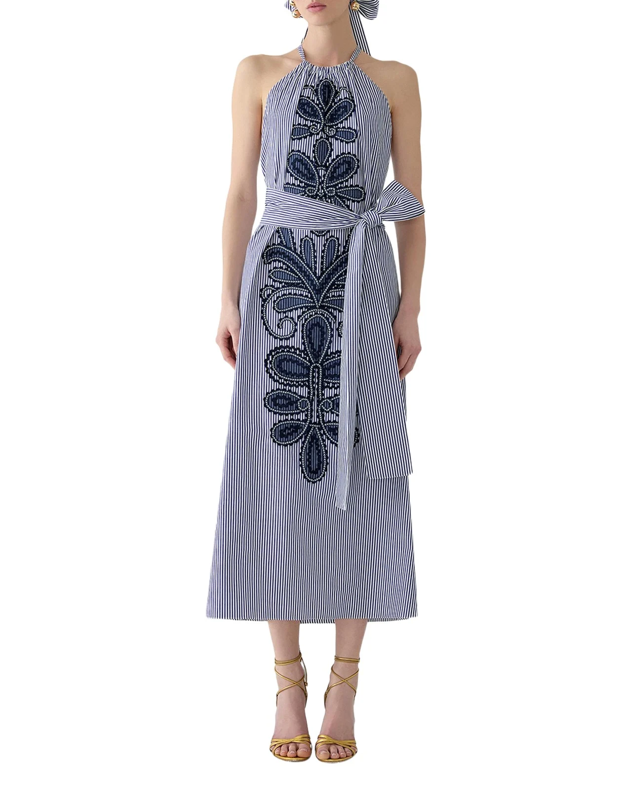 Embroidered Striped Cotton Halter Midi Dress Embroidered Striped Cotton Halter Midi Dress
