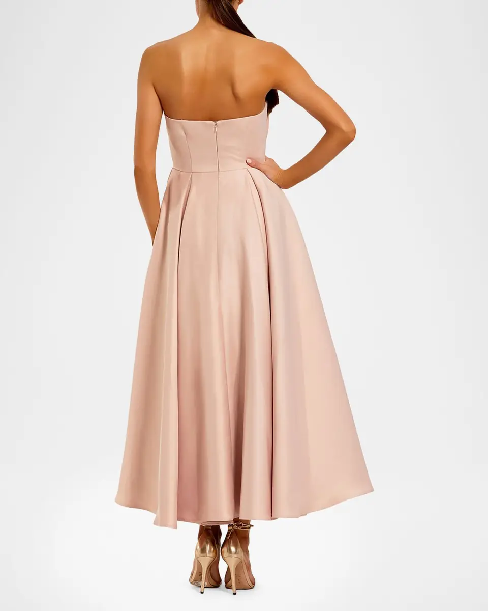 Mac Duggal Rosette-Embellished Strapless Satin Midi Dress | Thumbnail 2 Mac Duggal Rosette-Embellished Strapless Satin Midi Dress | Thumbnail 2