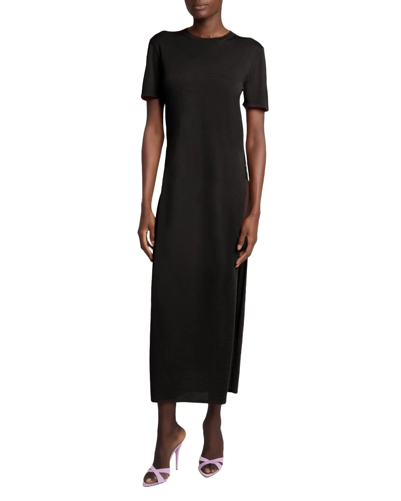 Short-Sleeve Wool Side-Slits Midi Dress