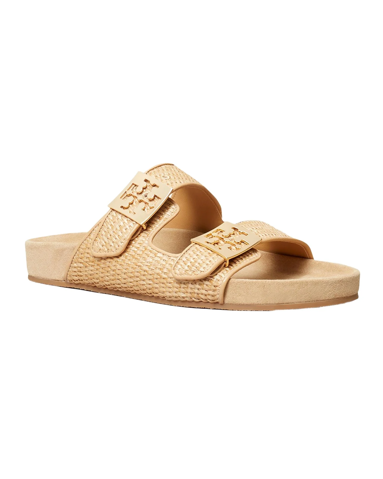 Tory Burch Mellow Raffia Dual-Buckle Slide Sandals