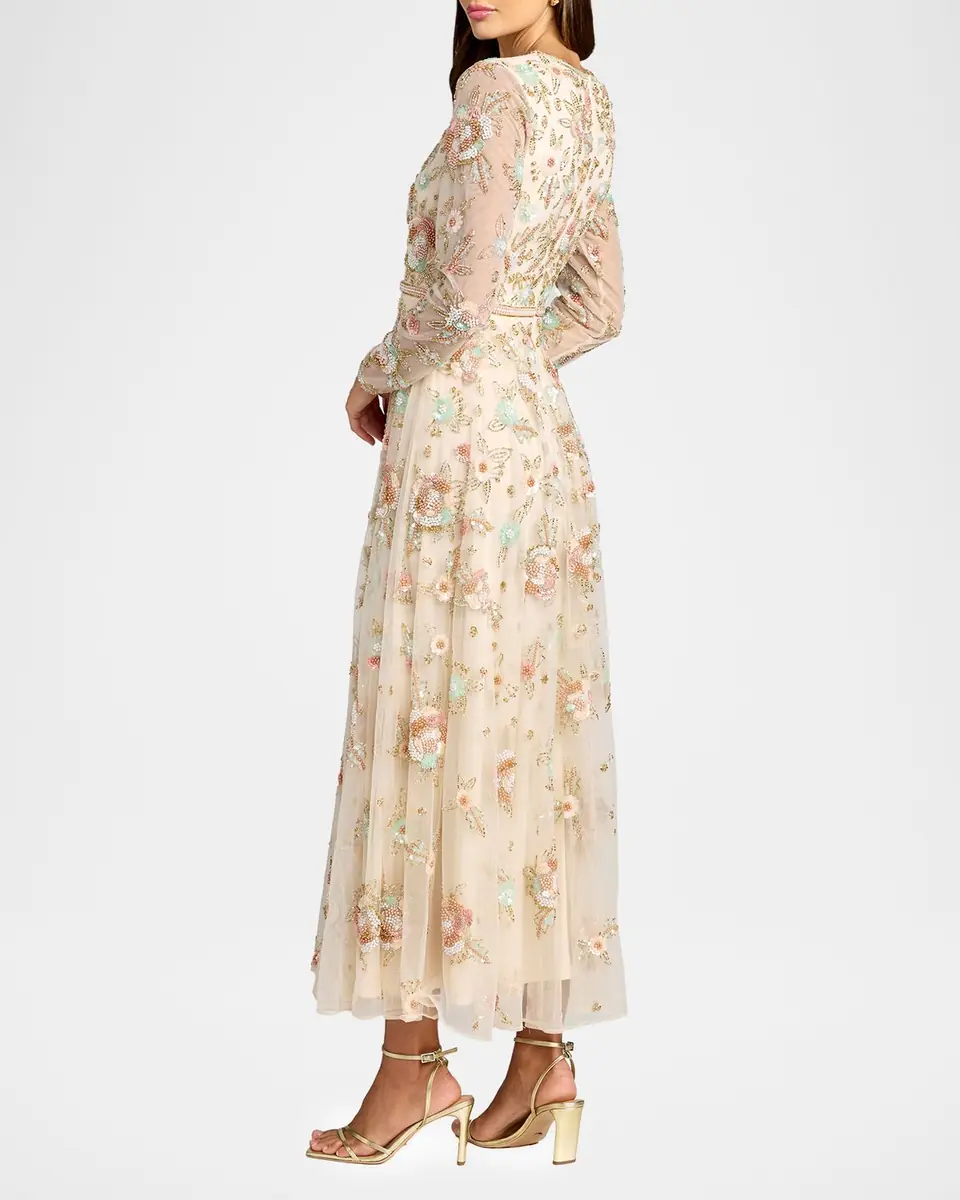 Mac Duggal Floral Beaded Mesh Midi-Dress | Thumbnail 2 Mac Duggal Floral Beaded Mesh Midi-Dress | Thumbnail 2