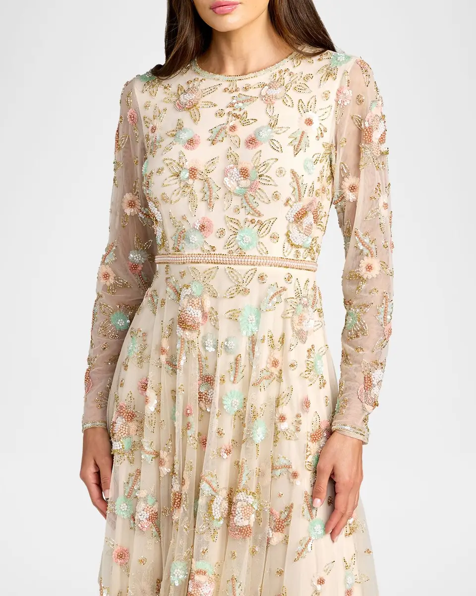 Mac Duggal Floral Beaded Mesh Midi-Dress | Thumbnail 3 Mac Duggal Floral Beaded Mesh Midi-Dress | Thumbnail 3