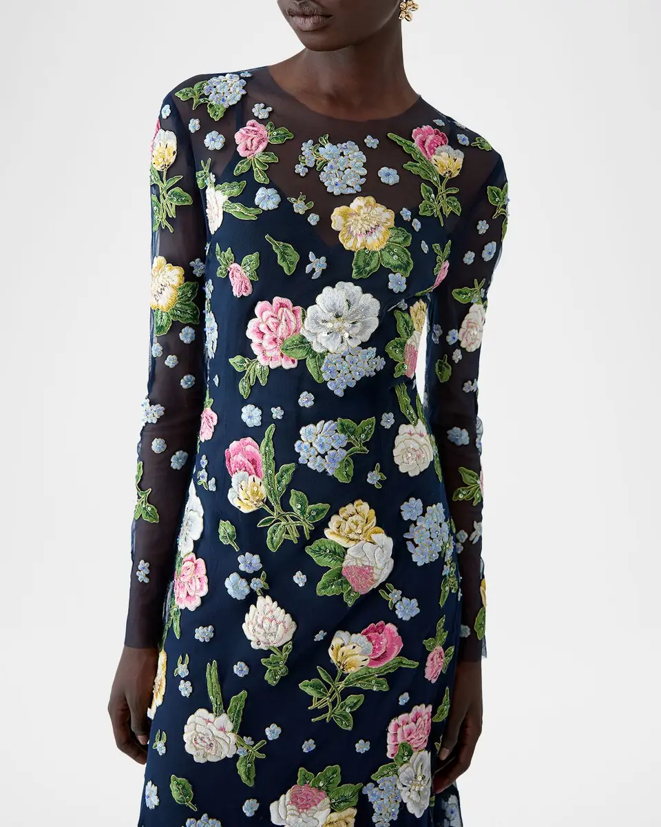 Carolina Herrera Floral Embroidered Tulle Long-Sleeve Midi Dress | Thumbnail 3 Carolina Herrera Floral Embroidered Tulle Long-Sleeve Midi Dress | Thumbnail 3
