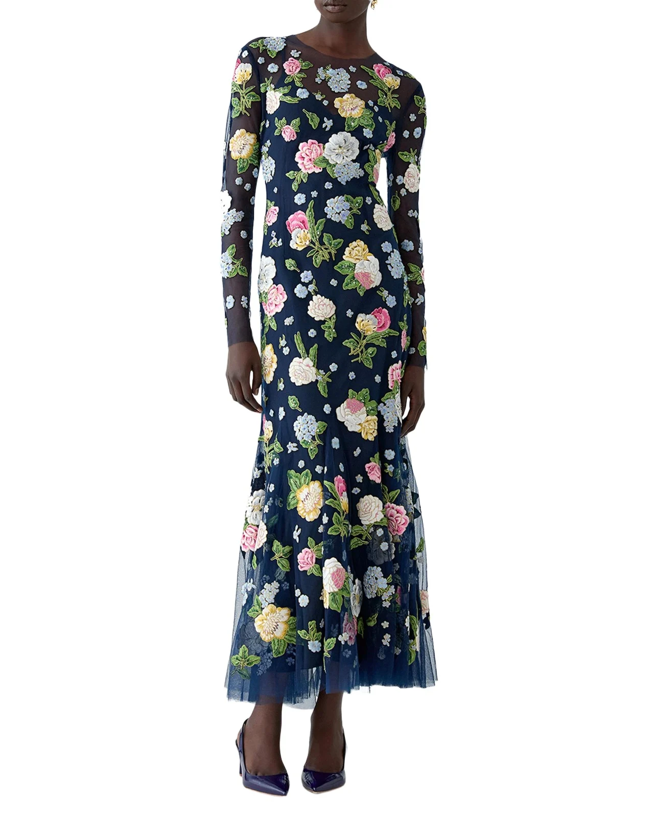 Floral Embroidered Tulle Long-Sleeve Midi Dress Floral Embroidered Tulle Long-Sleeve Midi Dress