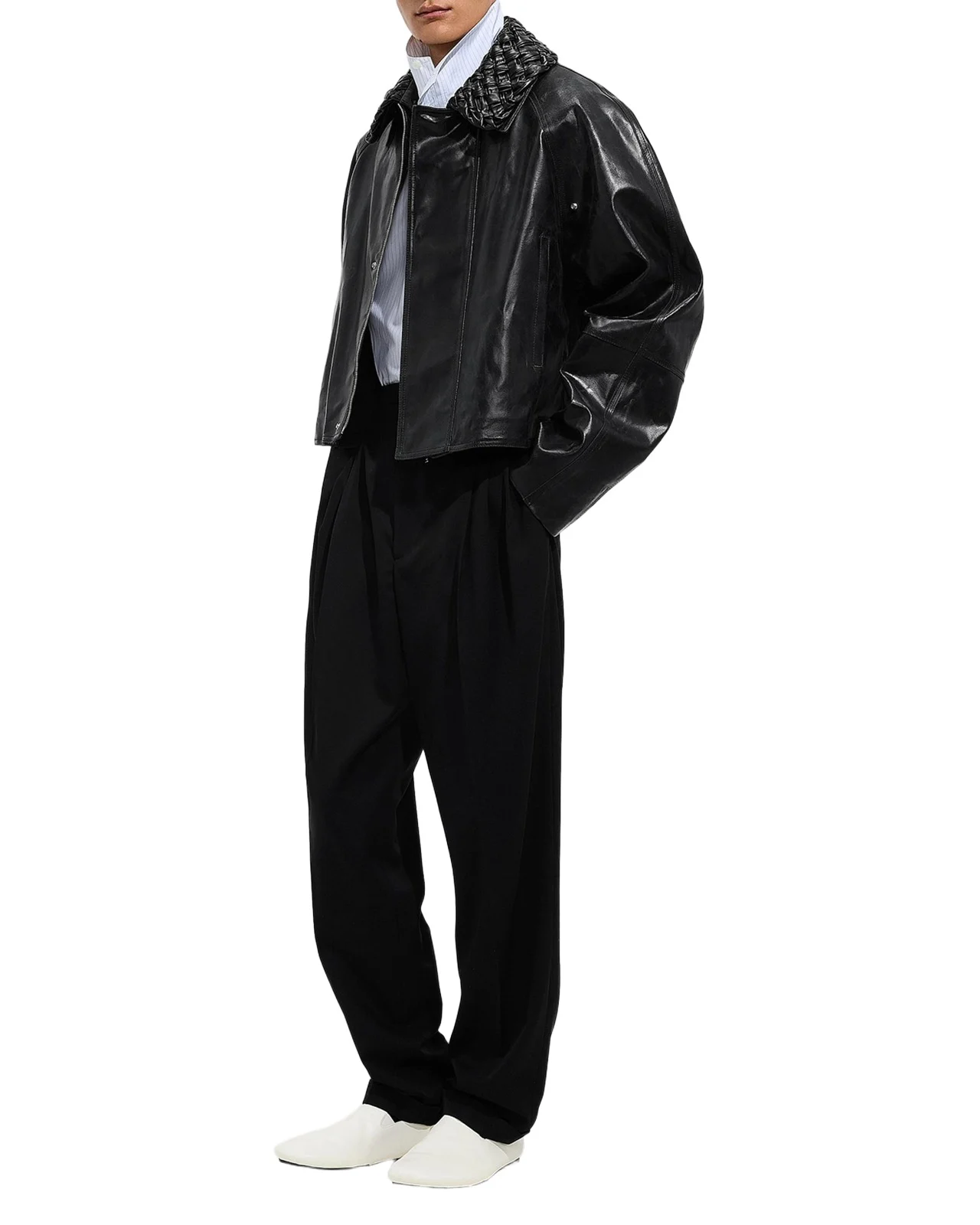 Men's Intrecciato-Collar Leather Jacket Men's Intrecciato-Collar Leather Jacket