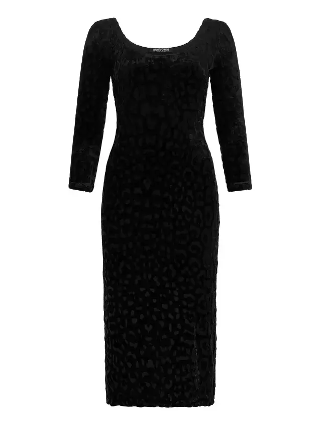 Roberto Cavalli Black Sheath Dress With Jaguar Skin Pattern