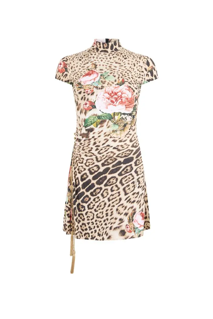 Roberto Cavalli Jaguar Roses Print Mini Dress | Image 1 Roberto Cavalli Jaguar Roses Print Mini Dress | Image 1