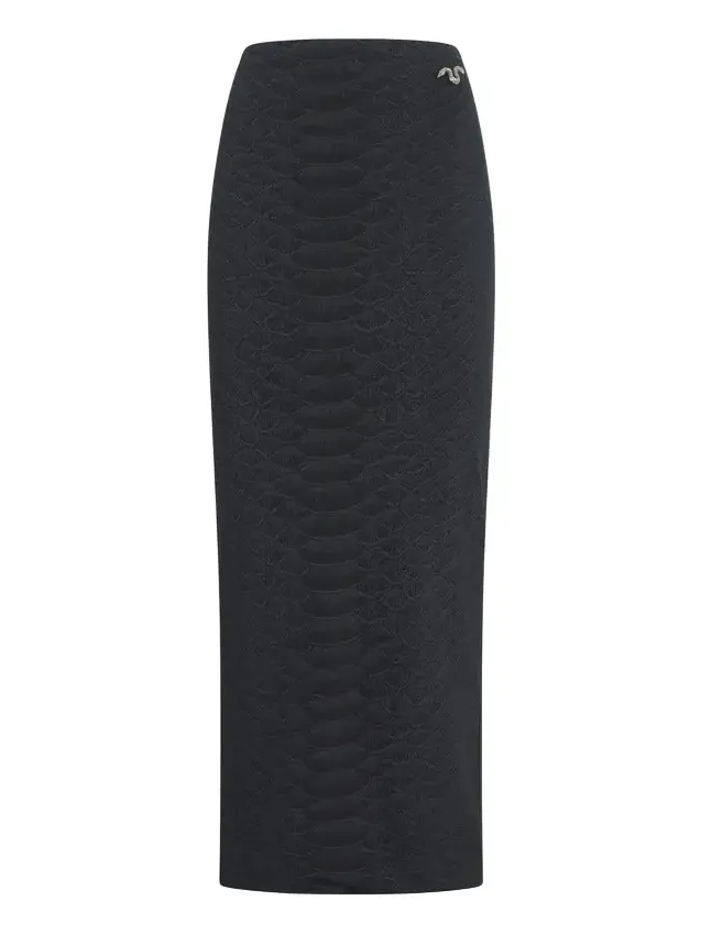 Black Midi Skirt With Serpentine Print And Jewel Detail Black Midi Skirt With Serpentine Print And Jewel Detail