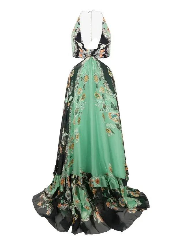 Kimono Print Silk Maxi Dress