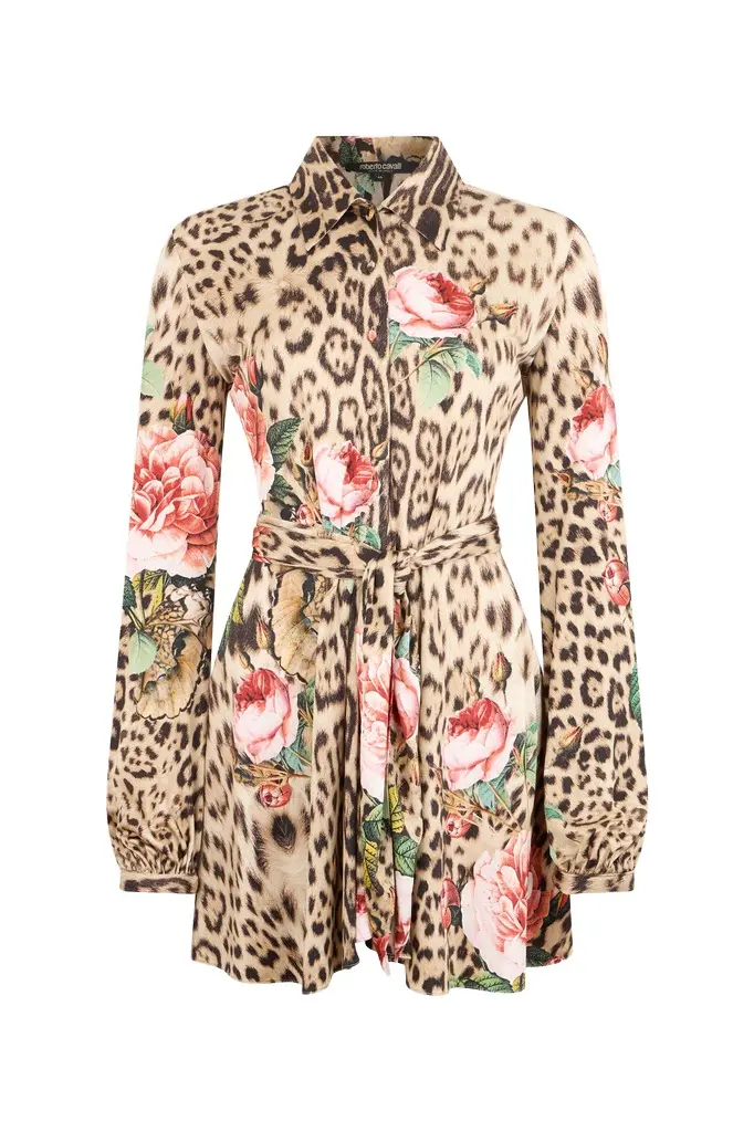 Roberto Cavalli Mini Dress Jaguar Roses Print | Image 1 Roberto Cavalli Mini Dress Jaguar Roses Print | Image 1