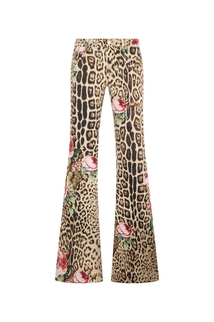 Roberto Cavalli Jaguar Roses Print Flared Jeans | Image 1 Roberto Cavalli Jaguar Roses Print Flared Jeans | Image 1
