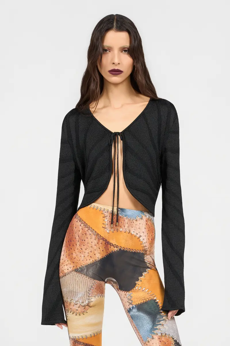 Roberto Cavalli Black Cropped Tie Front Cardigan | Thumbnail 2