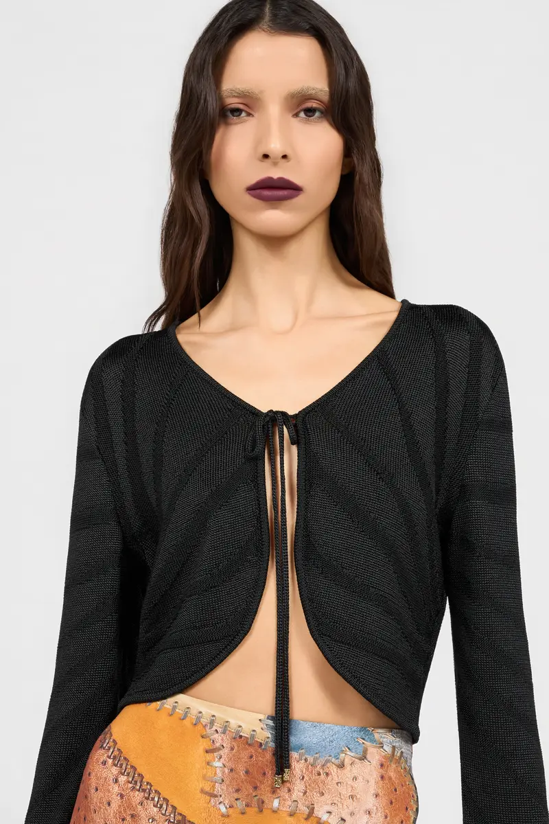 Roberto Cavalli Black Cropped Tie Front Cardigan | Thumbnail 4