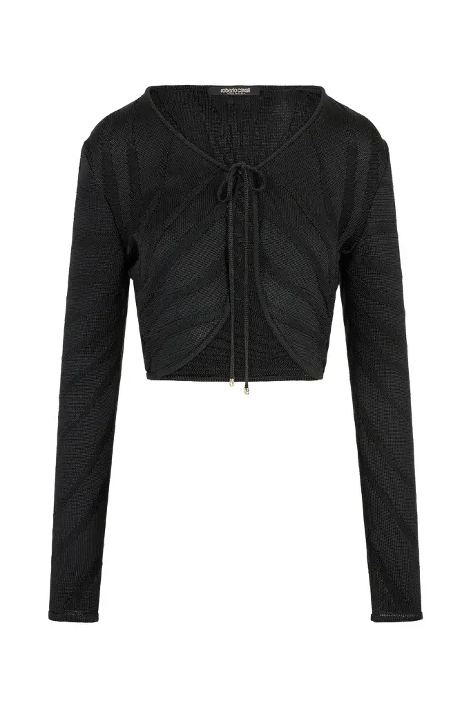 Roberto Cavalli Black Cropped Tie Front Cardigan | Image 1 Roberto Cavalli Black Cropped Tie Front Cardigan | Image 1
