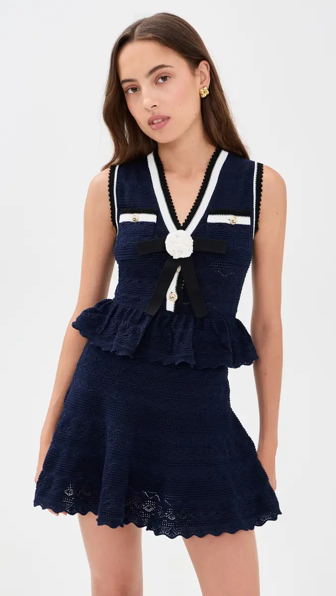 Self-Portrait Navy Peplum Pointelle Knit Mini Dress | Thumbnail 2 Self-Portrait Navy Peplum Pointelle Knit Mini Dress | Thumbnail 2