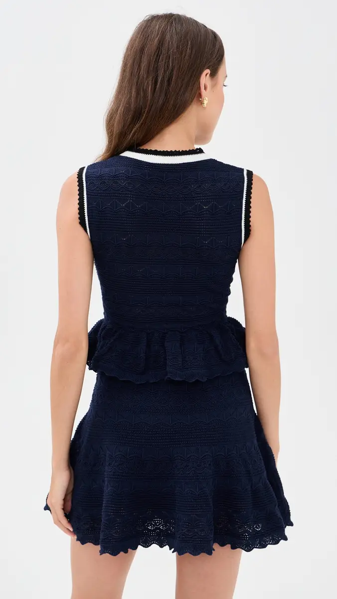 Self-Portrait Navy Peplum Pointelle Knit Mini Dress | Thumbnail 3 Self-Portrait Navy Peplum Pointelle Knit Mini Dress | Thumbnail 3