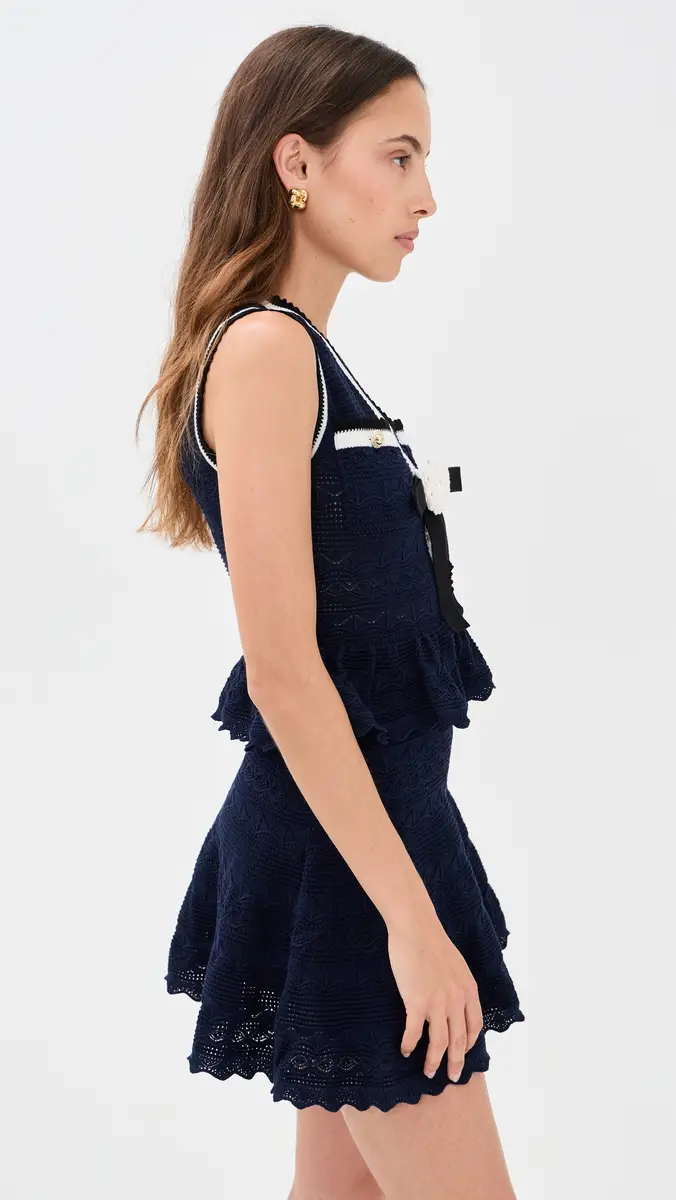 Self-Portrait Navy Peplum Pointelle Knit Mini Dress | Thumbnail 4 Self-Portrait Navy Peplum Pointelle Knit Mini Dress | Thumbnail 4