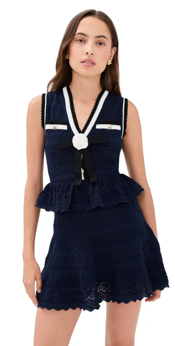Self-Portrait Navy Peplum Pointelle Knit Mini Dress Navy | Image 1 Self-Portrait Navy Peplum Pointelle Knit Mini Dress Navy | Image 1