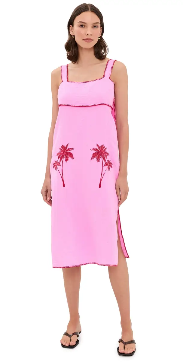 English Factory Tropical Embroidered Midi Dress Pink/Red | Image 1 English Factory Tropical Embroidered Midi Dress Pink/Red | Image 1