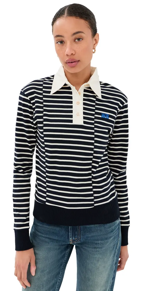 Wales Bonner Reflect Polo Top Navy/Ivory | Image 1 Wales Bonner Reflect Polo Top Navy/Ivory | Image 1