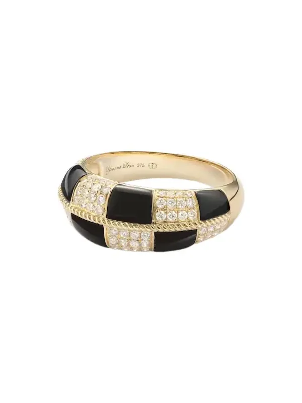 Yvonne Léon Alliance Damier 9kt gold ring with diamonds and onyx Yvonne Léon Alliance Damier 9kt gold ring with diamonds and onyx