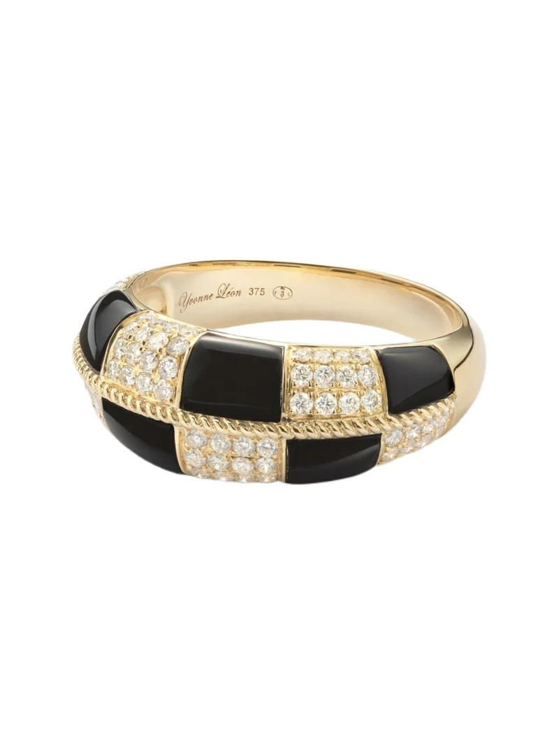 Yvonne Léon Alliance Damier 9kt gold ring with diamonds and onyx Yvonne Léon Alliance Damier 9kt gold ring with diamonds and onyx