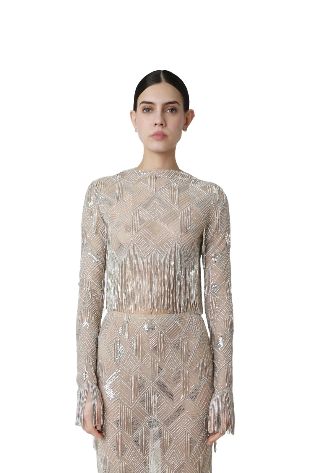Geometric Crystal Fringe Cropped Top