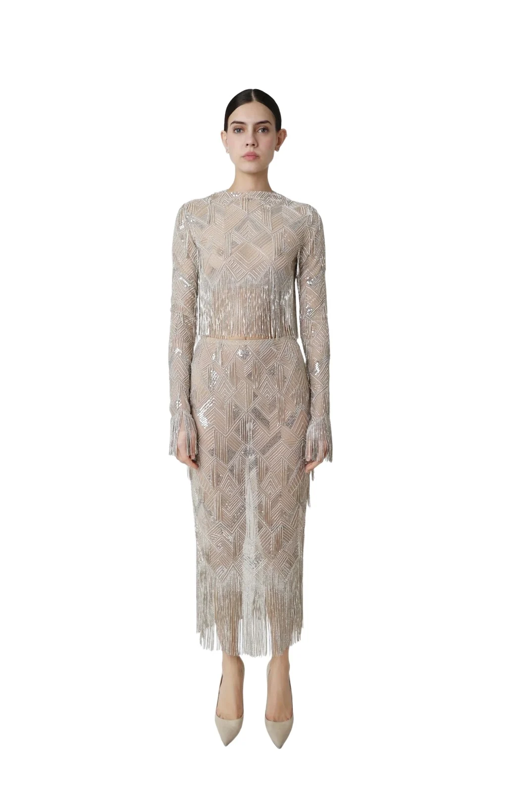 Lapointe Geometric Crystal Fringe High Waist Skirt