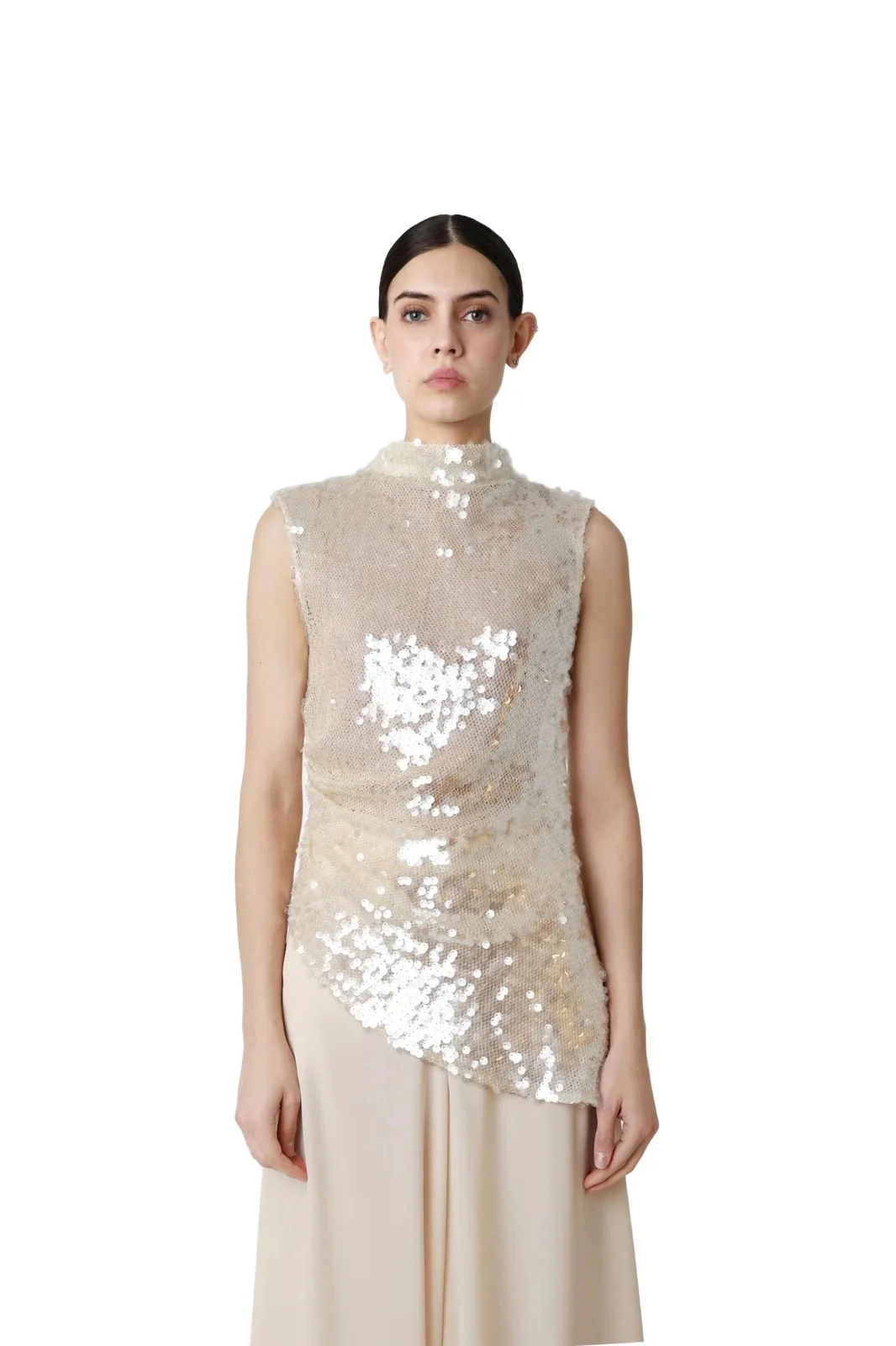 Mesh Sequin Mockneck Top With Pleats Mesh Sequin Mockneck Top With Pleats