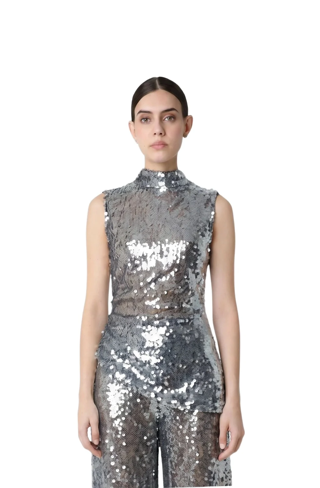 Mesh Sequin Mockneck Top With Pleats