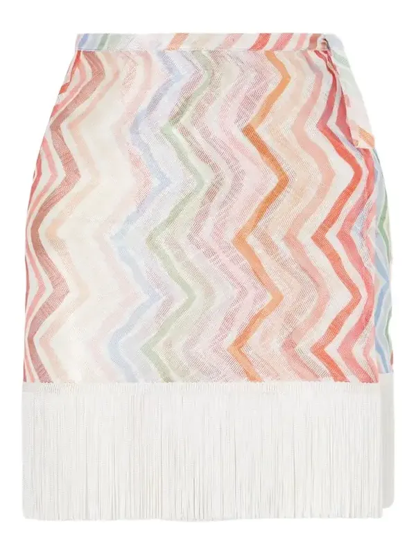 Striped Fringed Crochet-knit Wrap Mini Skirt