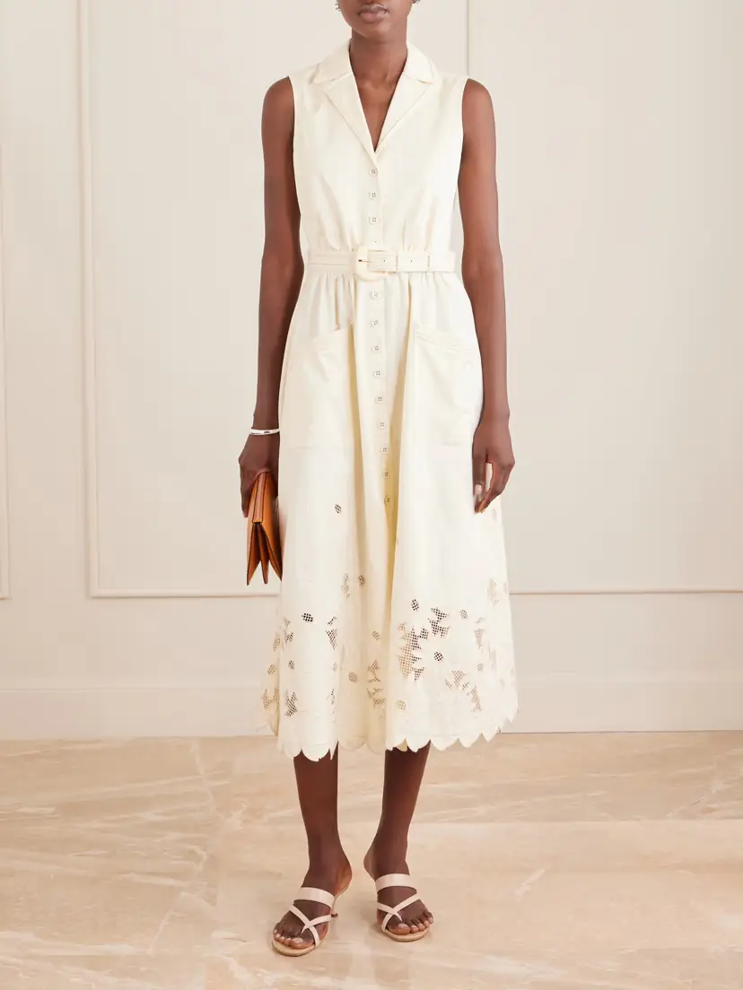 Saloni Kirat Belted Scalloped Embroidered Poplin Midi Dress | Thumbnail 2