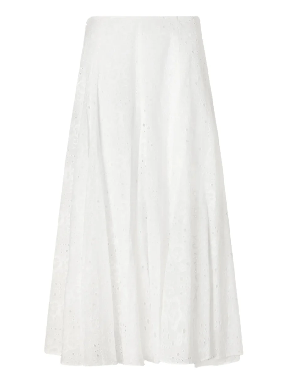 Pleated Broderie Anglaise Cotton Midi Skirt