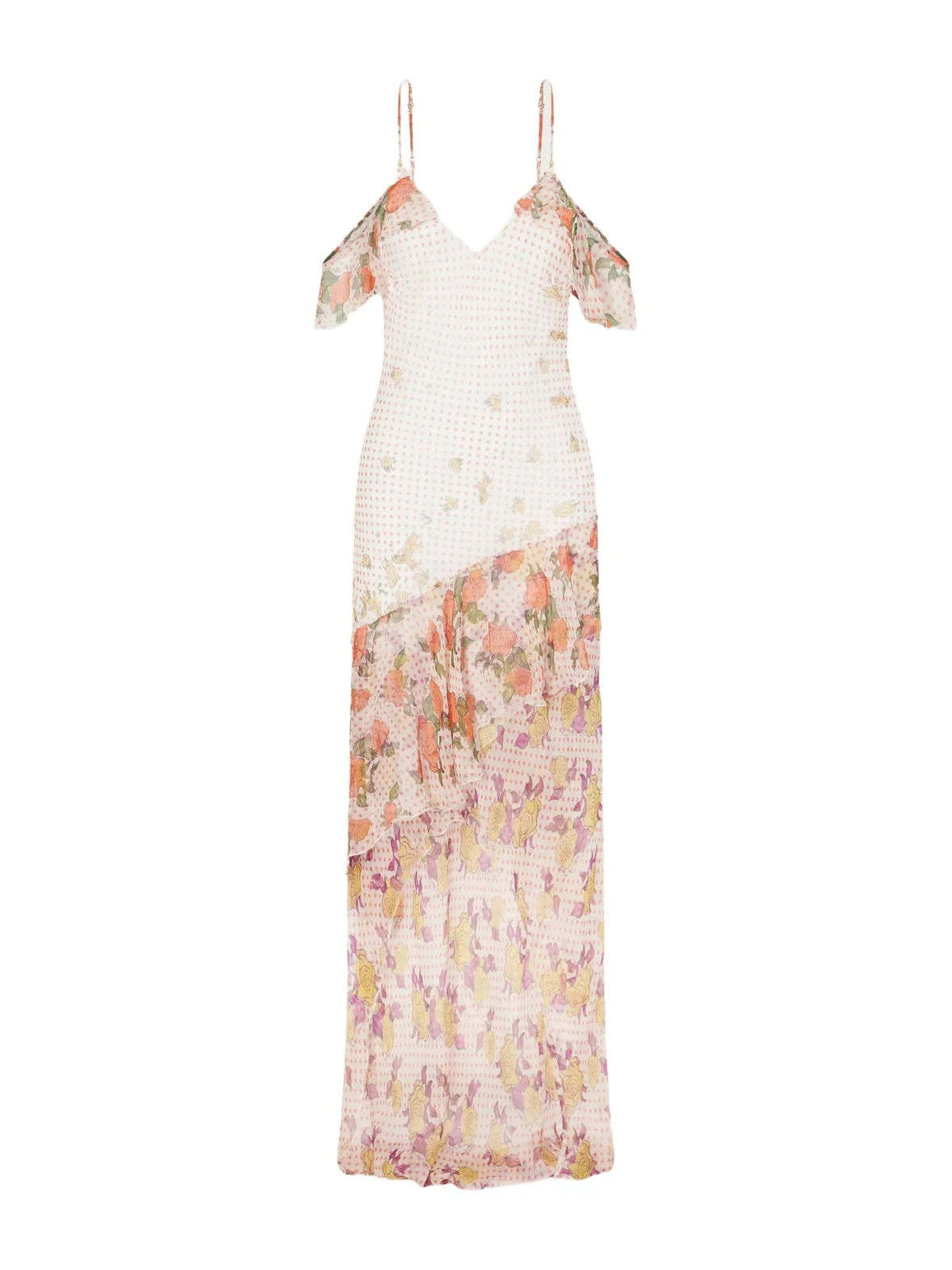 Pajaritos Y Rosas Printed Ruffled Silk-chiffon Maxi Dress