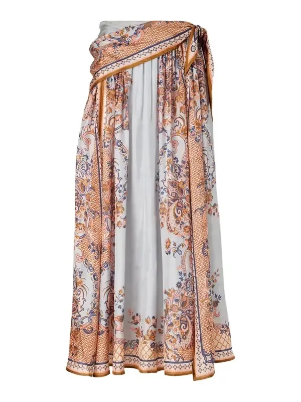 Aster Tie-detailed Printed Silk Midi Skirt