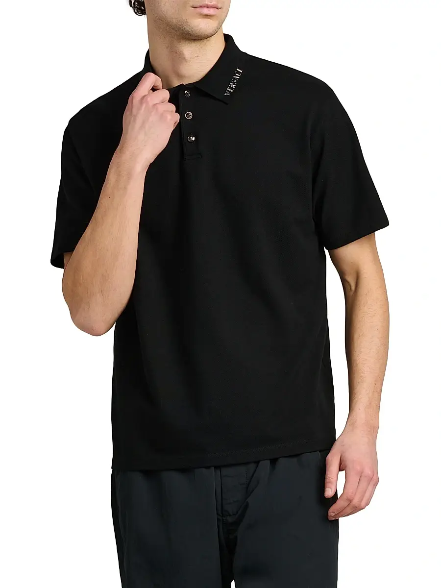 Versace Men's Piquet Medusa Buttons Cotton Polo Shirt | Thumbnail 3 Versace Men's Piquet Medusa Buttons Cotton Polo Shirt | Thumbnail 3