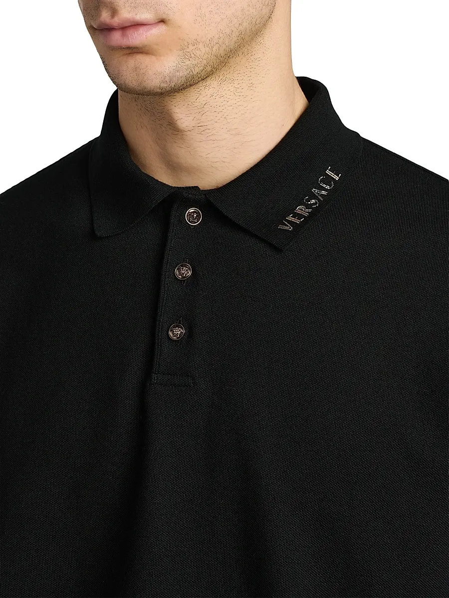 Versace Men's Piquet Medusa Buttons Cotton Polo Shirt | Thumbnail 6 Versace Men's Piquet Medusa Buttons Cotton Polo Shirt | Thumbnail 6