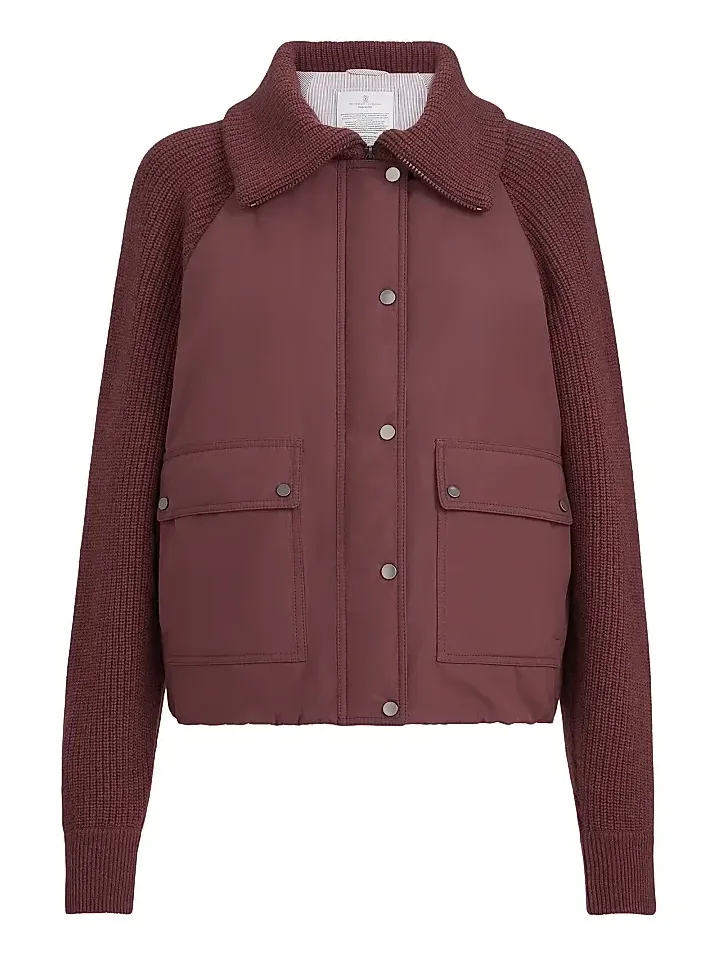 Brunello Cucinelli Women's Techno Cotton Taffeta and Virgin Wool, Cashmere and Silk Knit Down Jacket with Shiny Zipper Pull