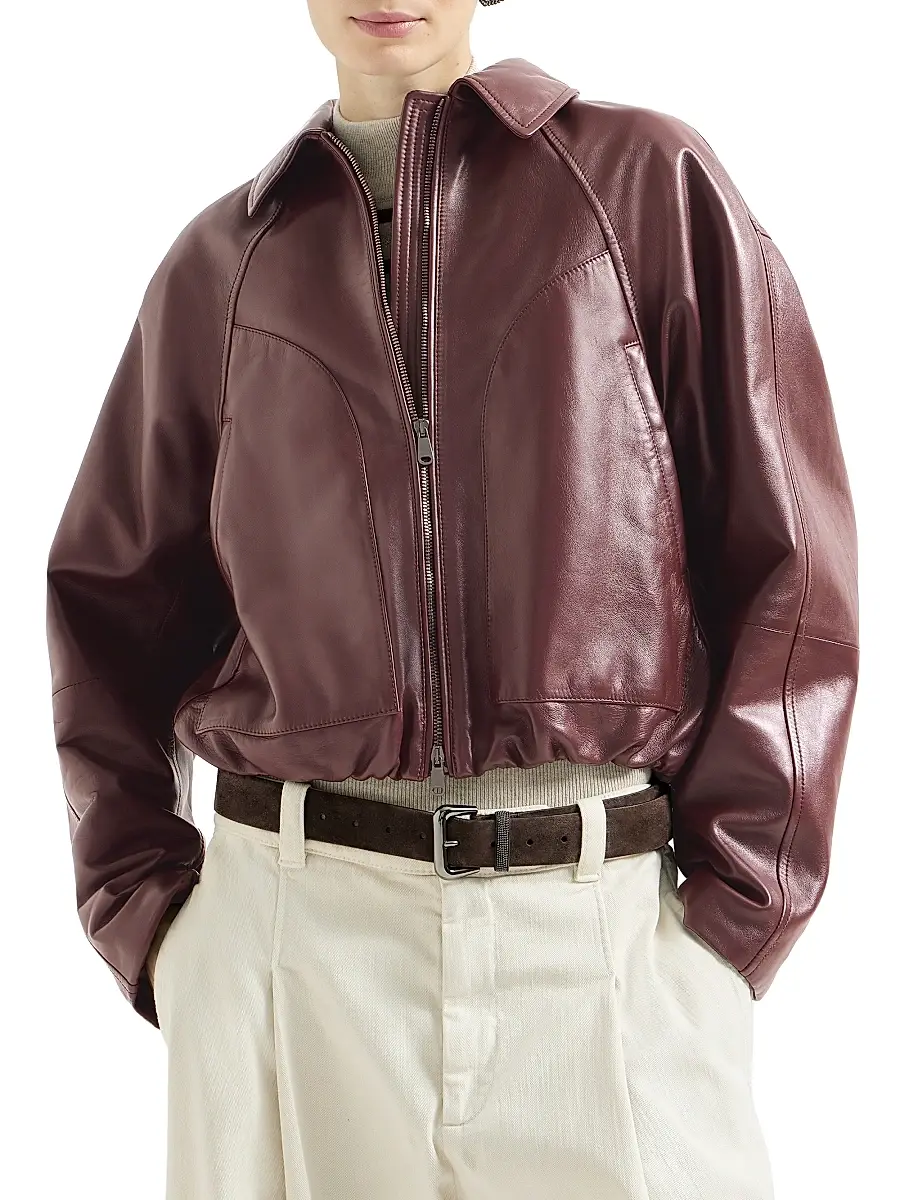 Brunello Cucinelli Women's Nappa Leather Outerwear Jacket with Drawstring and Monili - Burgundy | Thumbnail 2 Brunello Cucinelli Women's Nappa Leather Outerwear Jacket with Drawstring and Monili - Burgundy | Thumbnail 2