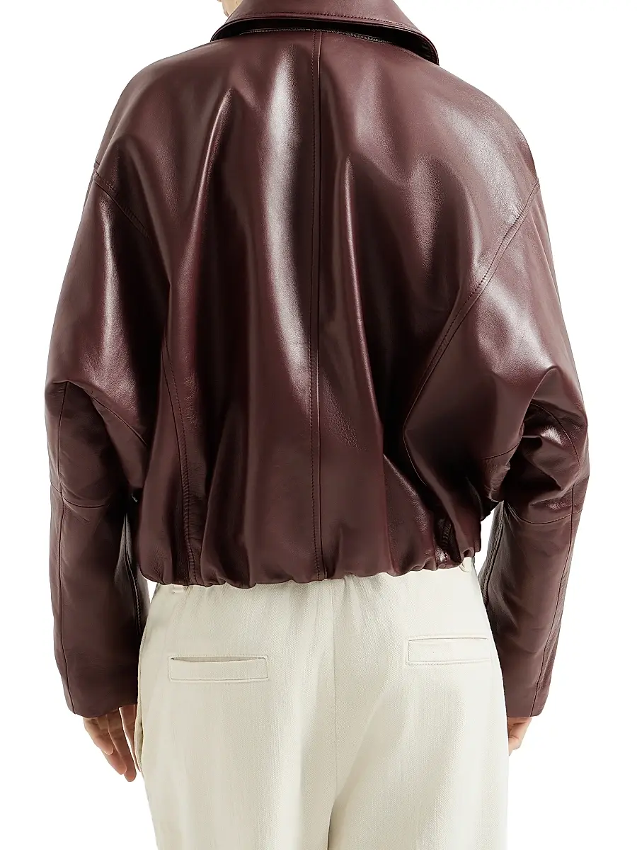 Brunello Cucinelli Women's Nappa Leather Outerwear Jacket with Drawstring and Monili - Burgundy | Thumbnail 3 Brunello Cucinelli Women's Nappa Leather Outerwear Jacket with Drawstring and Monili - Burgundy | Thumbnail 3