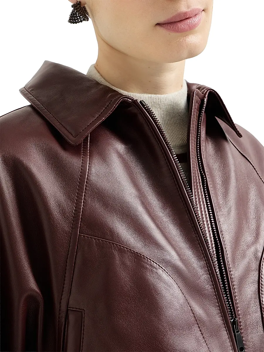 Brunello Cucinelli Women's Nappa Leather Outerwear Jacket with Drawstring and Monili - Burgundy | Thumbnail 4 Brunello Cucinelli Women's Nappa Leather Outerwear Jacket with Drawstring and Monili - Burgundy | Thumbnail 4