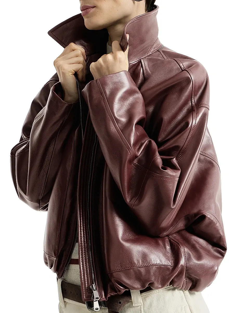 Brunello Cucinelli Women's Nappa Leather Outerwear Jacket with Drawstring and Monili - Burgundy | Thumbnail 5 Brunello Cucinelli Women's Nappa Leather Outerwear Jacket with Drawstring and Monili - Burgundy | Thumbnail 5