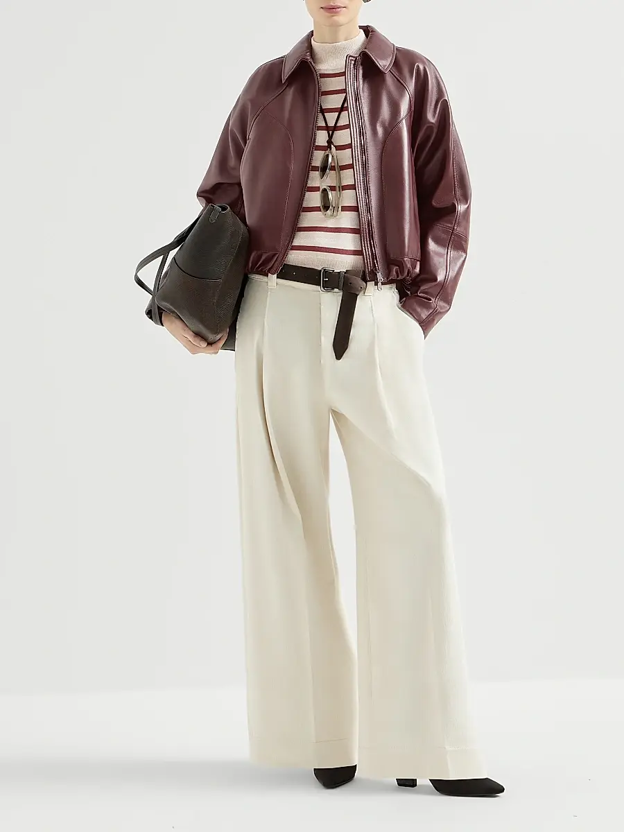 Brunello Cucinelli Women's Nappa Leather Outerwear Jacket with Drawstring and Monili - Burgundy | Thumbnail 6 Brunello Cucinelli Women's Nappa Leather Outerwear Jacket with Drawstring and Monili - Burgundy | Thumbnail 6