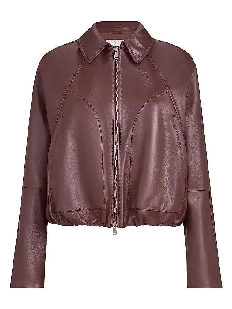 Brunello Cucinelli Women's Nappa Leather Outerwear Jacket with Drawstring and Monili - Burgundy